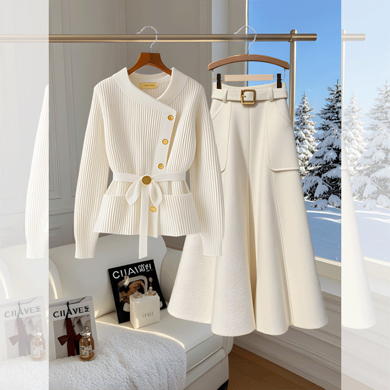 Belissatr™ | Kadın İkili Takım – Kuşaklı Asimetrik Düğmeli Hırka ve Kemerli Etek