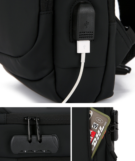 Erkek Şifreli USB Şarj Girişli Su Geçirmez Göğüs Çantası – Anti-Hırsız Tasarım