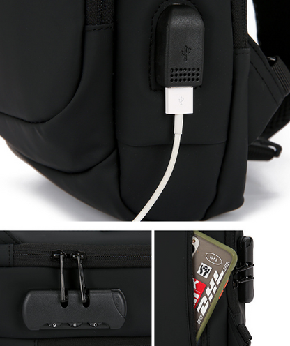 Erkek Şifreli USB Şarj Girişli Su Geçirmez Göğüs Çantası – Anti-Hırsız Tasarım