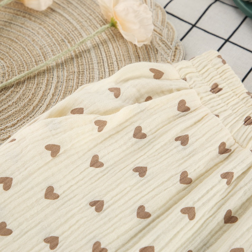 Belissatr™ | Kadın Pamuklu Kalp Desenli Pijama Takımı (Uzun Kollu Straplez Üst + Pantolon, 3 Parçalı Set)”