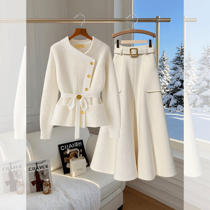 Belissatr™ | Kadın İkili Takım – Kuşaklı Asimetrik Düğmeli Hırka ve Kemerli Etek