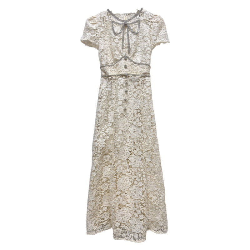 Üç Boyutlu Çiçek Detaylı Mavi- Beyaz Dantel Midi Elbise