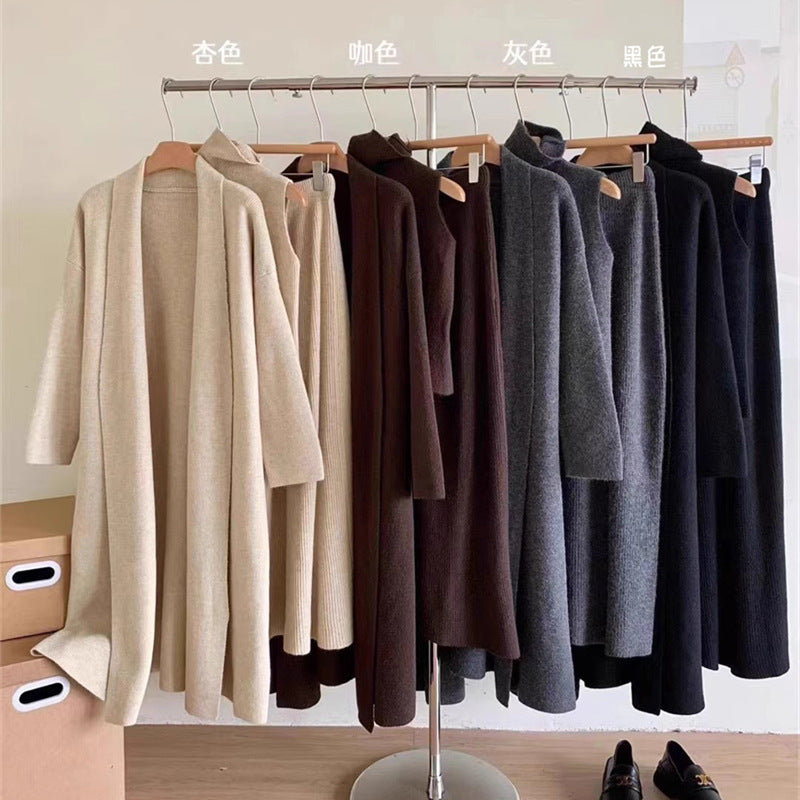 Belissatr™ | Kadın 3’lü Triko Takım – Uzun Hırka, Balıkçı Yaka Bluz ve Etek