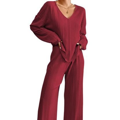 Belissatr™ | Sonbahar & Kış Kadın Ev Giyim Seti – Uzun Kollu Nervürlü İki Parça Pijama Takımı