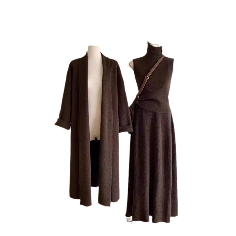 Belissatr™ | Kadın 3’lü Triko Takım – Uzun Hırka, Balıkçı Yaka Bluz ve Etek