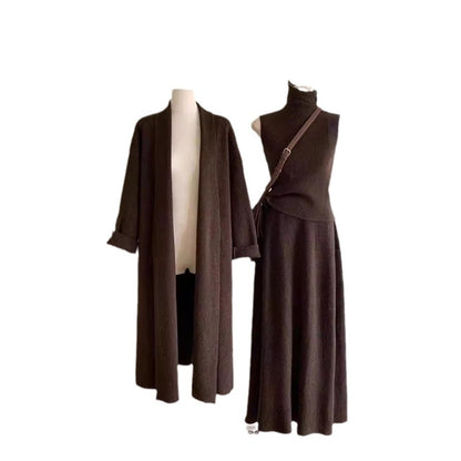 Belissatr™ | Kadın 3’lü Triko Takım – Uzun Hırka, Balıkçı Yaka Bluz ve Etek