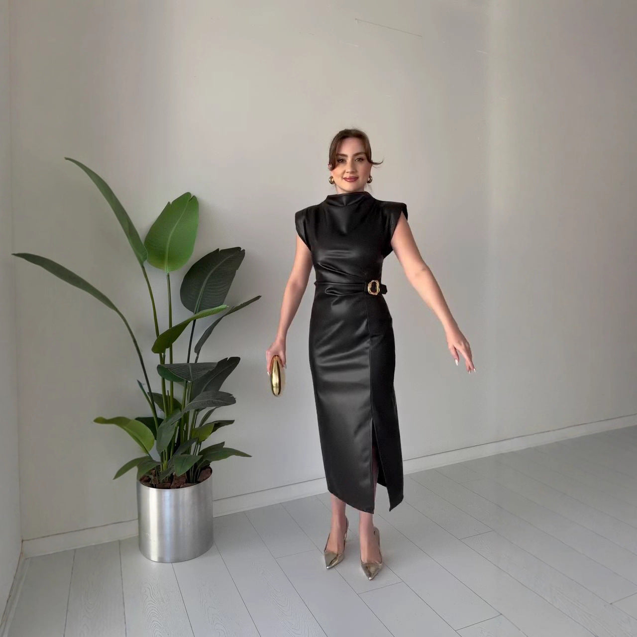 Belissa™ | Bel Vurgulu Deri Midi Elbise – Yeni Sezon