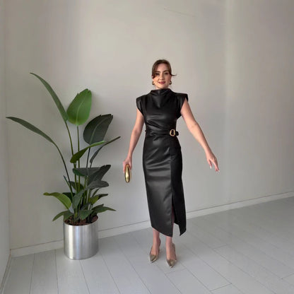 Belissa™ | Bel Vurgulu Deri Midi Elbise – Yeni Sezon
