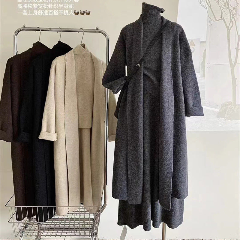 Belissatr™ | Kadın 3’lü Triko Takım – Uzun Hırka, Balıkçı Yaka Bluz ve Etek