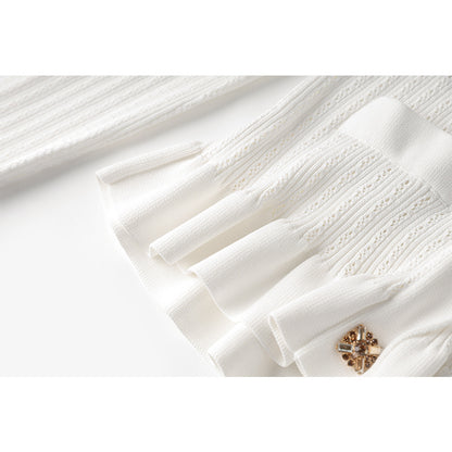 Gold Düğme Detaylı Beyaz Triko Midi Elbise