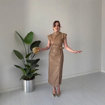 Belissa™ | Bel Vurgulu Deri Midi Elbise – Yeni Sezon