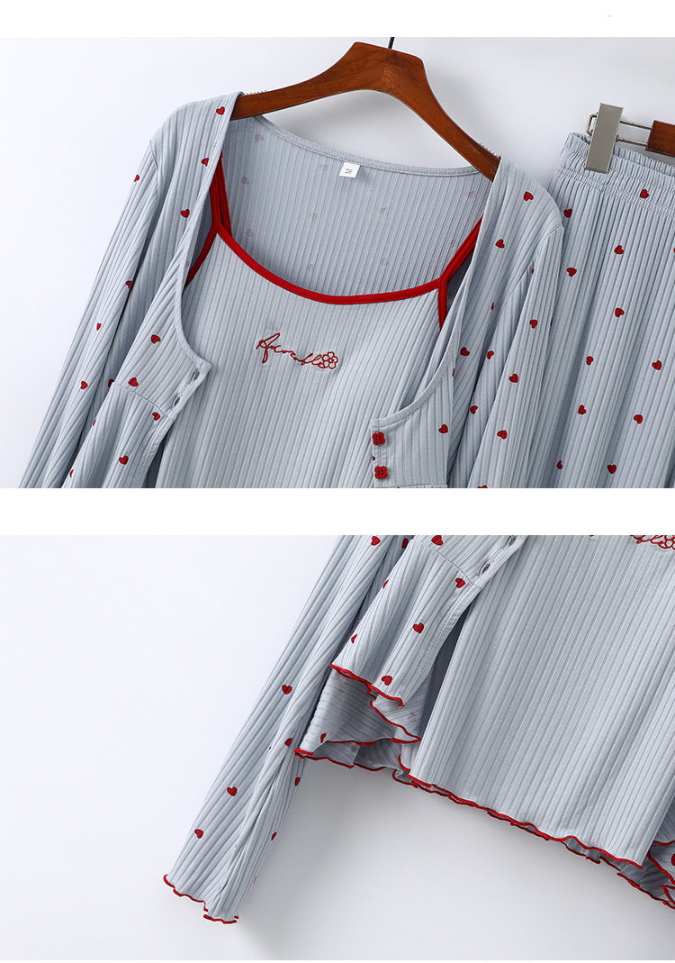 Belissatr™ | Kollu Uzun Pantolonlu Pijama Takımı – İlkbahar Yaz 3 Parçalı Set