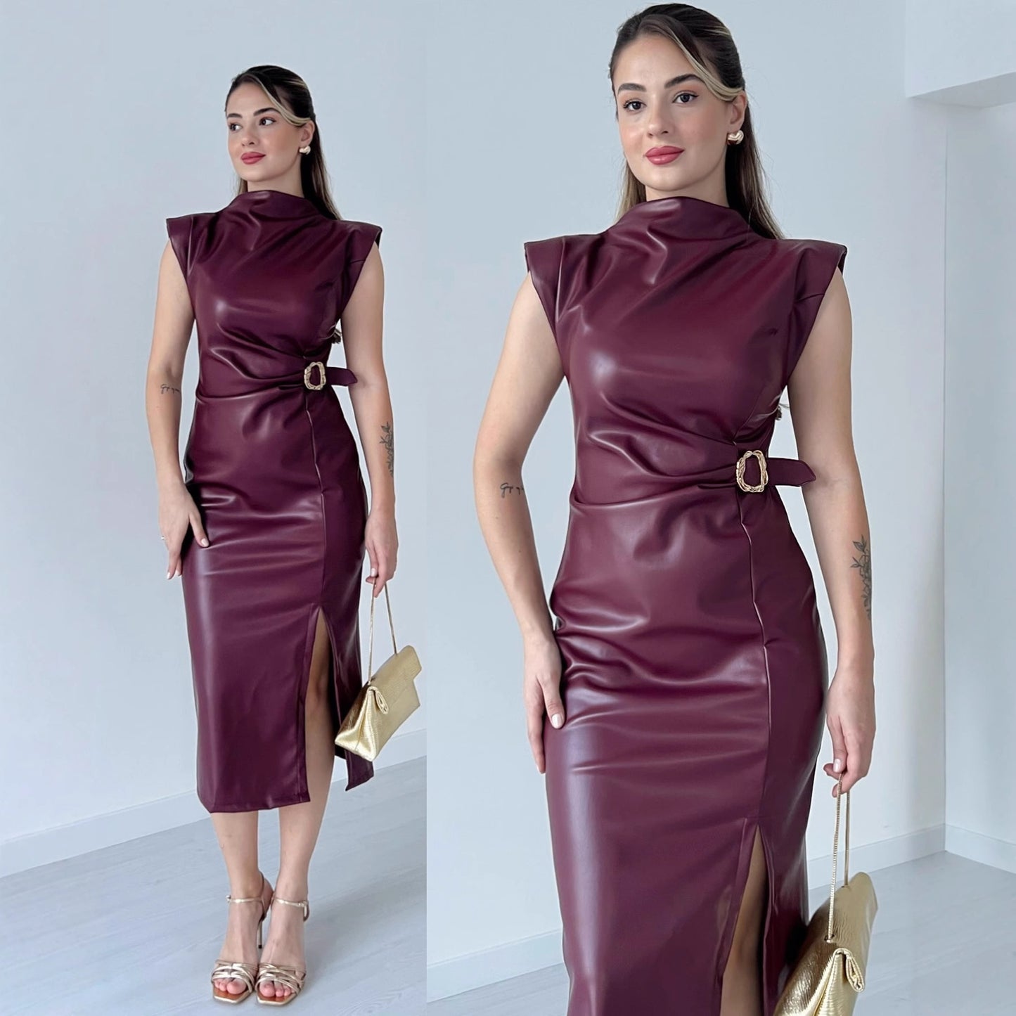 Belissa™ | Bel Vurgulu Deri Midi Elbise – Yeni Sezon