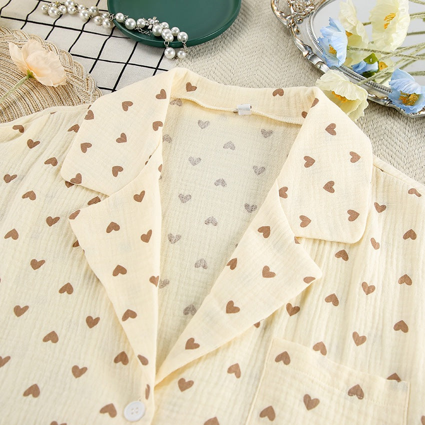 Belissatr™ | Kadın Pamuklu Kalp Desenli Pijama Takımı (Uzun Kollu Straplez Üst + Pantolon, 3 Parçalı Set)”