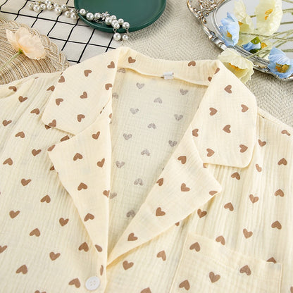 Belissatr™ | Kadın Pamuklu Kalp Desenli Pijama Takımı (Uzun Kollu Straplez Üst + Pantolon, 3 Parçalı Set)”