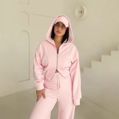 Belissa™ | Fermuarlı Crop Sweat & Geniş Paça Alt Takım