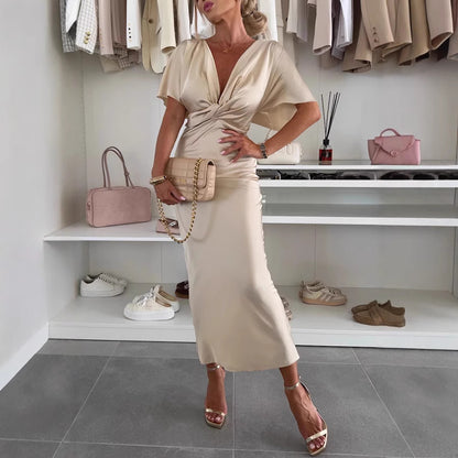 Belissa™ | Saten Kruvaze Drapeli Midi Elbise – Şık ve Zarif Tasarım