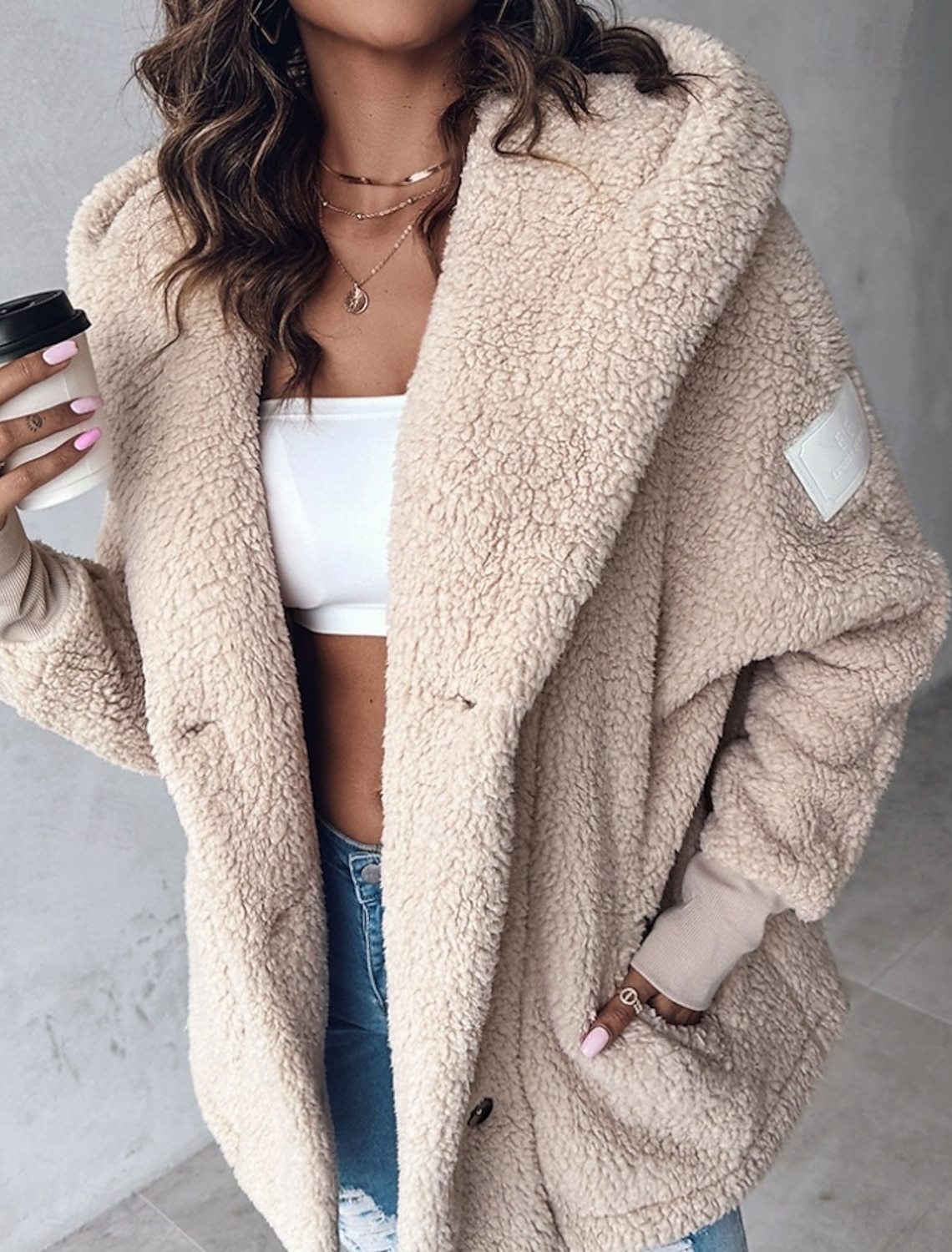 Kadın Oversize Kapüşonlu Peluş Polar Mont