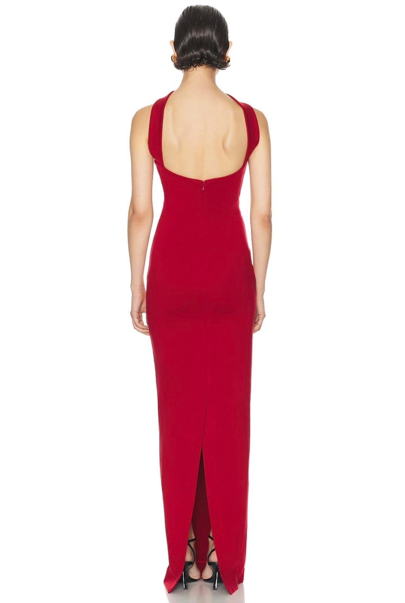 Boyundan Bağ Detaylı Straplez Kırmızı-Beyaz Bandaj Maksi Elbise