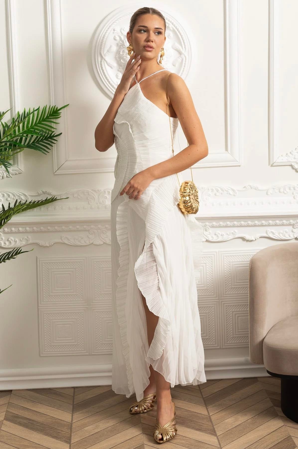 Boyundan Bağlı Pliseli Elbise