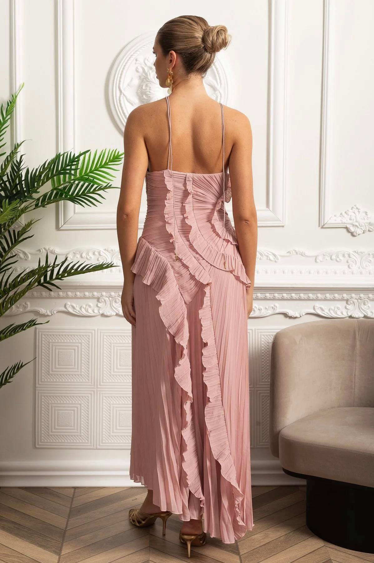 Boyundan Bağlı Pliseli Elbise