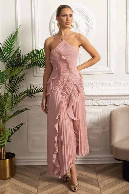 Boyundan Bağlı Pliseli Elbise