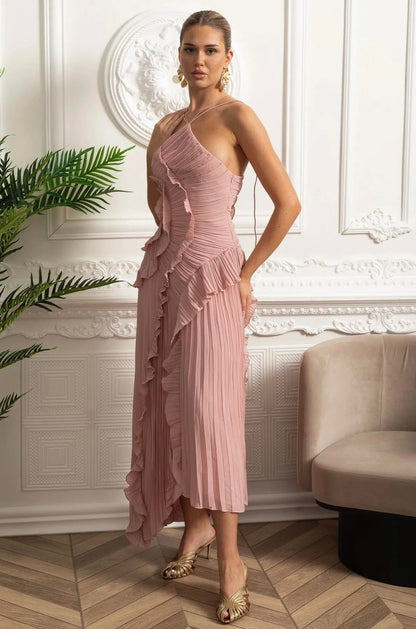 Boyundan Bağlı Pliseli Elbise