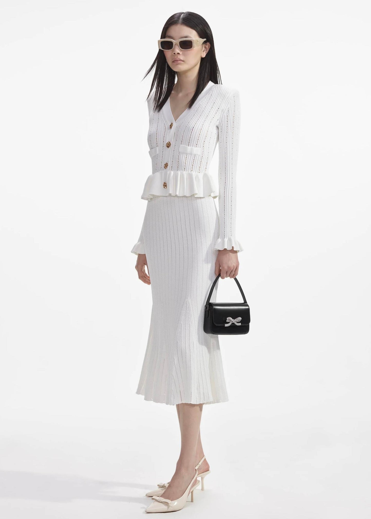 Gold Düğme Detaylı Beyaz Triko Midi Elbise