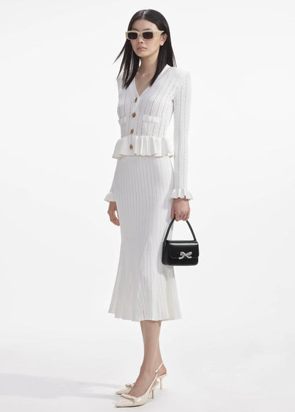 Gold Düğme Detaylı Beyaz Triko Midi Elbise