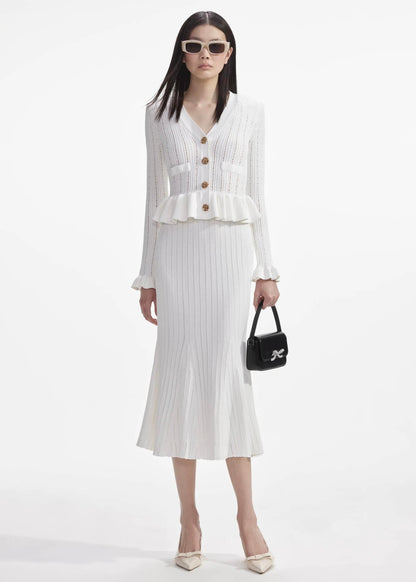 Gold Düğme Detaylı Beyaz Triko Midi Elbise