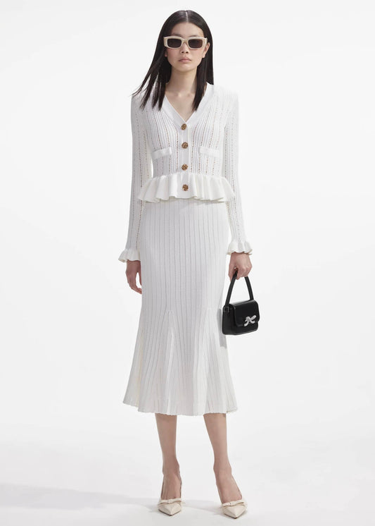 Gold Düğme Detaylı Beyaz Triko Midi Elbise