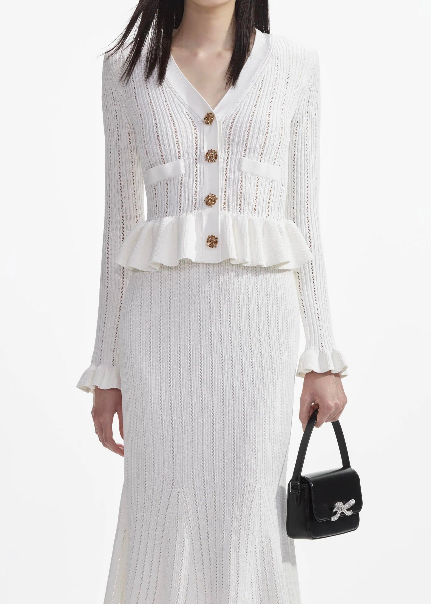 Gold Düğme Detaylı Beyaz Triko Midi Elbise