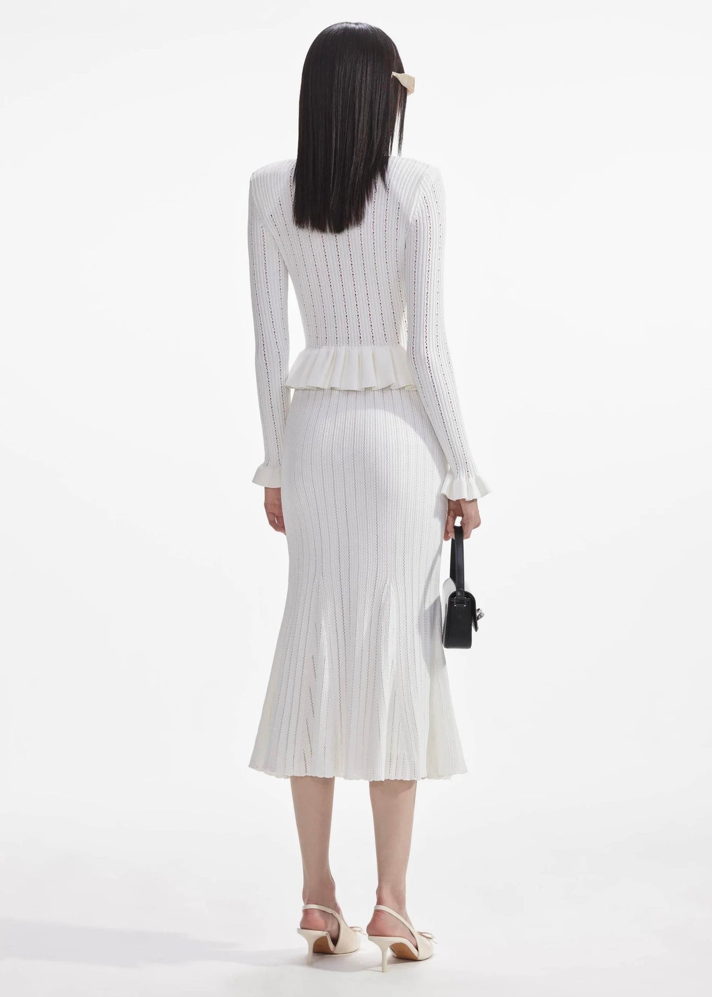 Gold Düğme Detaylı Beyaz Triko Midi Elbise