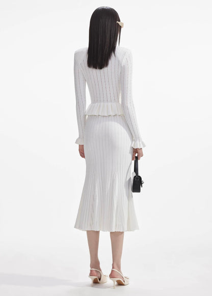 Gold Düğme Detaylı Beyaz Triko Midi Elbise