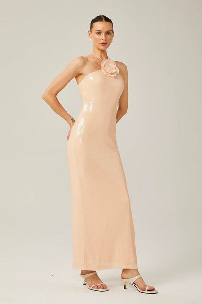 Belissatr™ | Gül Detaylı Payetli Maksi Elbise-Pudra