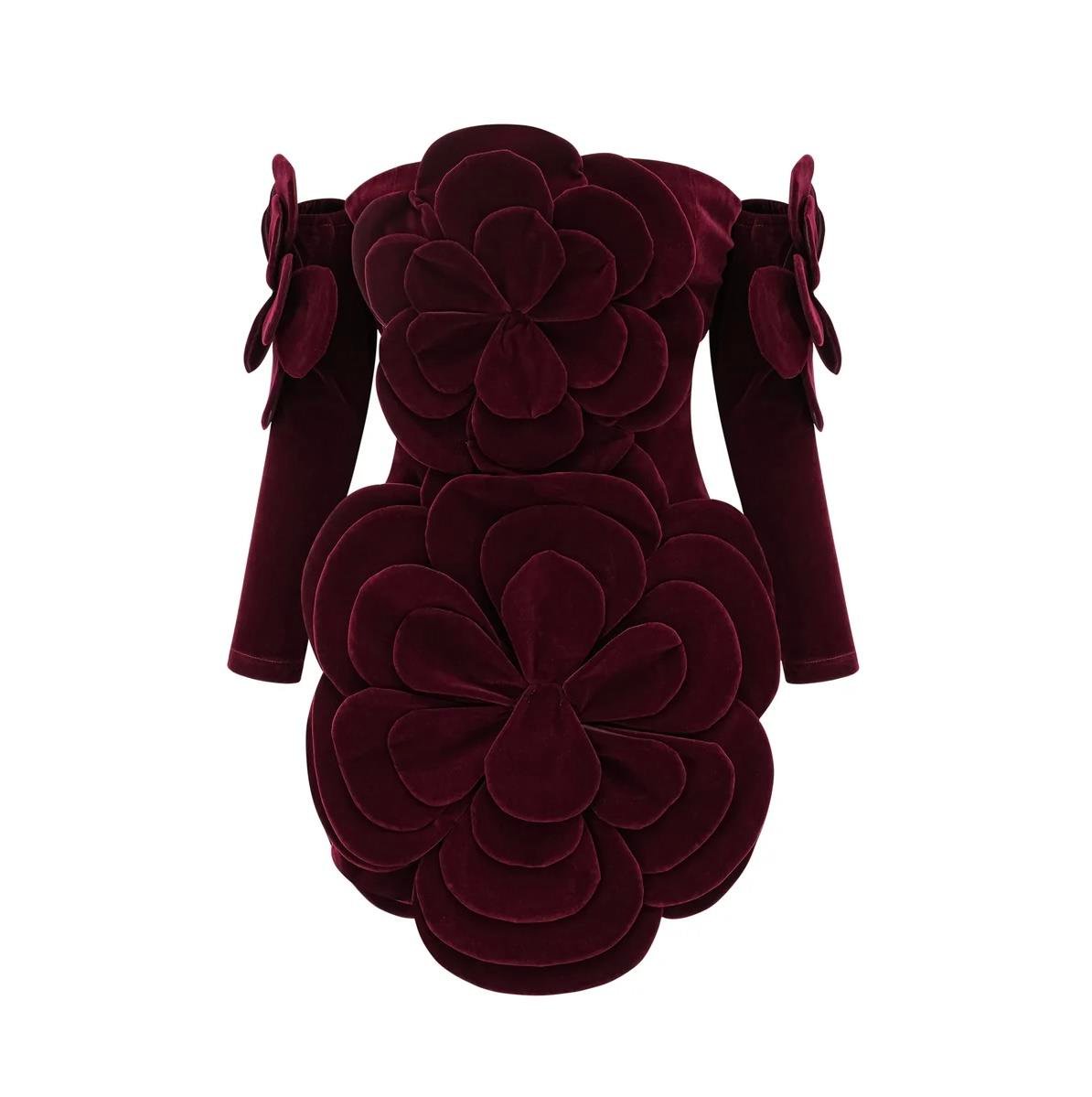 Gül Motifli Straplez Bordo Mini Elbise