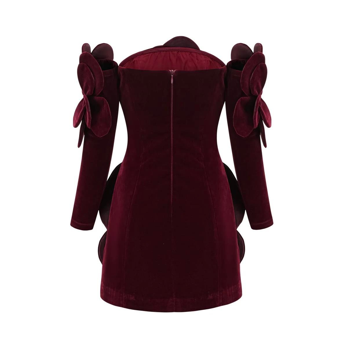 Gül Motifli Straplez Bordo Mini Elbise