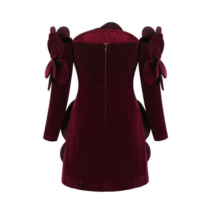 Gül Motifli Straplez Bordo Mini Elbise