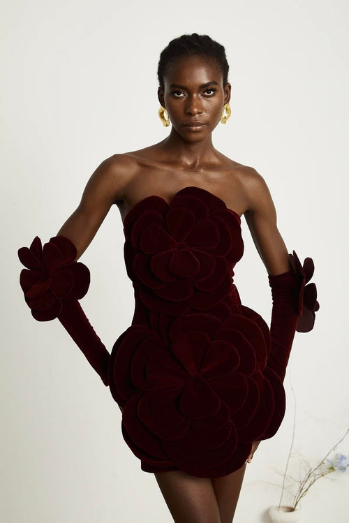 Gül Motifli Straplez Bordo Mini Elbise