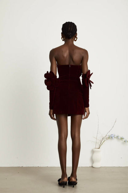 Gül Motifli Straplez Bordo Mini Elbise