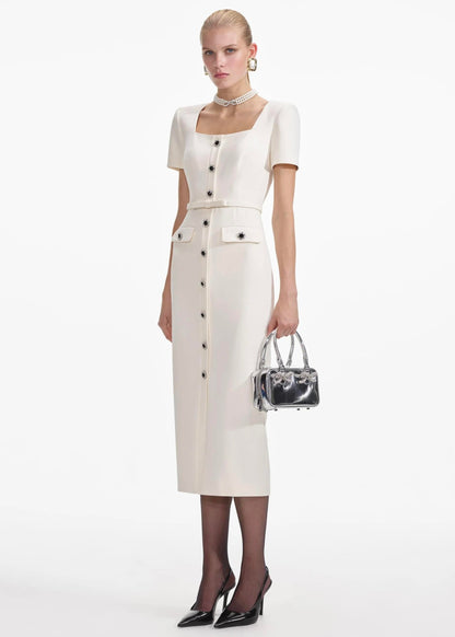 Kristal Düğme Detaylı Midi Elbise