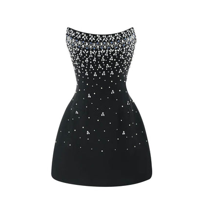 Kristal Taşlı Straplez Siyah Mini Elbise