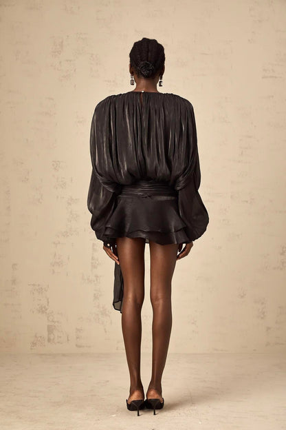 Kuşaklı Şortlu Krem-Siyah Mini Elbise