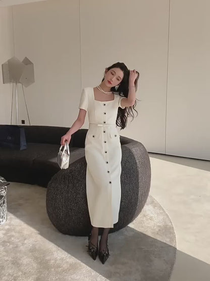 Kristal Düğme Detaylı Midi Elbise