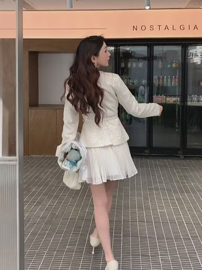 Tüvit Ceketli Pileli Mini Elbise