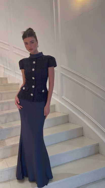 Düğme Detaylı Lacivert Maksi Elbise