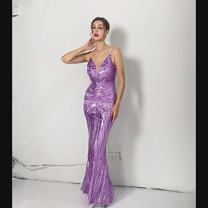 Belissatr™ | Zarif Simli Abiye Elbise – Askılı ve V Yaka