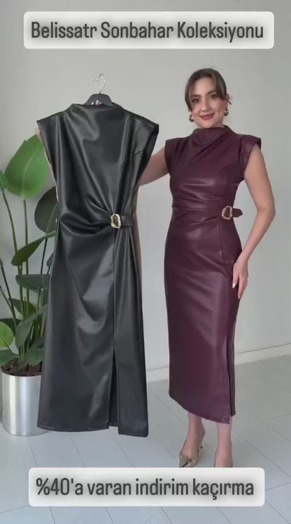 Belissa™ | Bel Vurgulu Deri Midi Elbise – Yeni Sezon