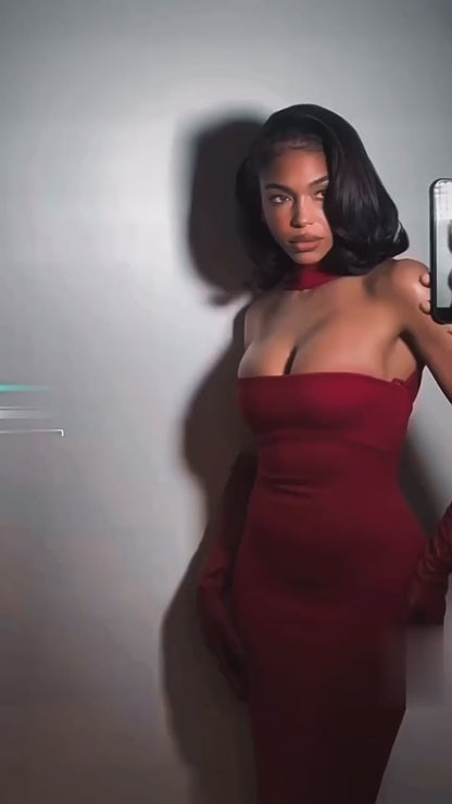 Boyundan Bağ Detaylı Straplez Kırmızı-Beyaz Bandaj Maksi Elbise