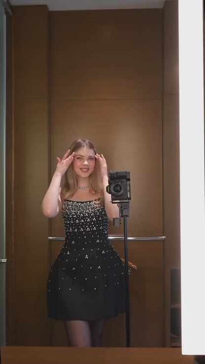 Kristal Taşlı Straplez Siyah Mini Elbise